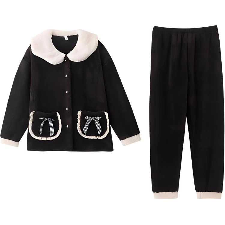 小情歌 珊瑚绒睡衣 秋冬季 加厚加绒保暖家居服 女款 黑色