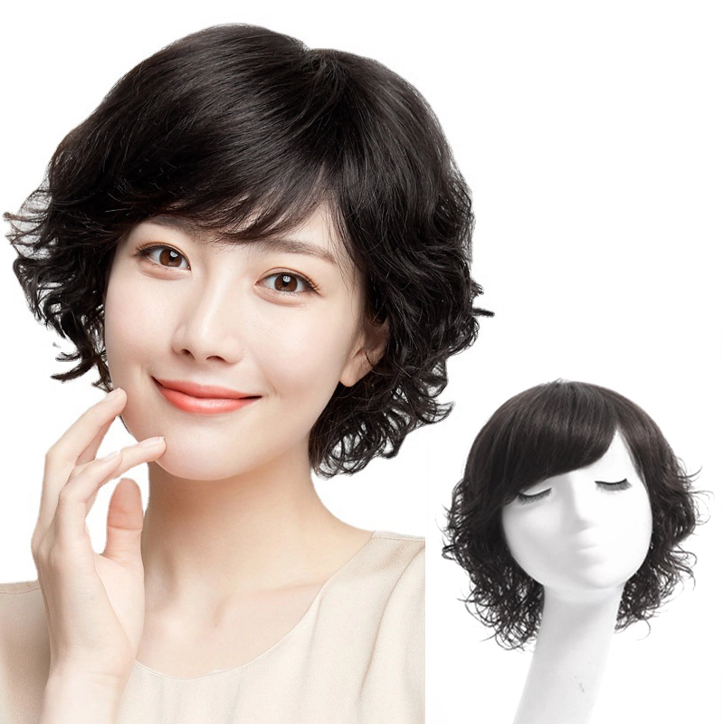 时影 假发 中老年妈妈发套小卷假发全真人发丝女全头套蓬松修脸短卷真人发丝假发套增发量遮白发
