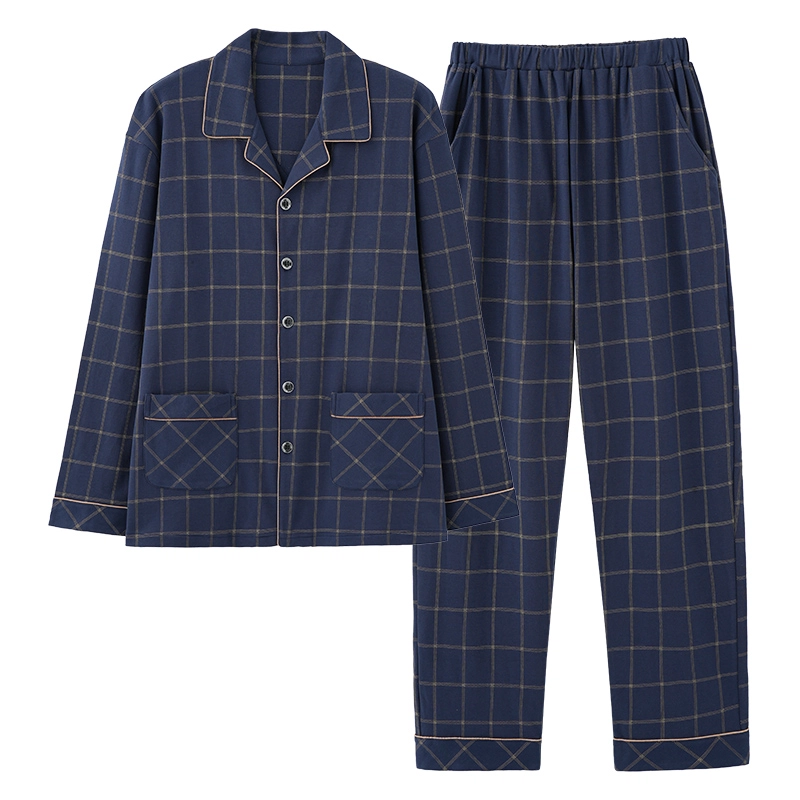 莫代尔 纯色格子舒适休闲家居服翻领开衫长袖双口袋松紧带长裤可外穿睡衣套装 女款 藏青色