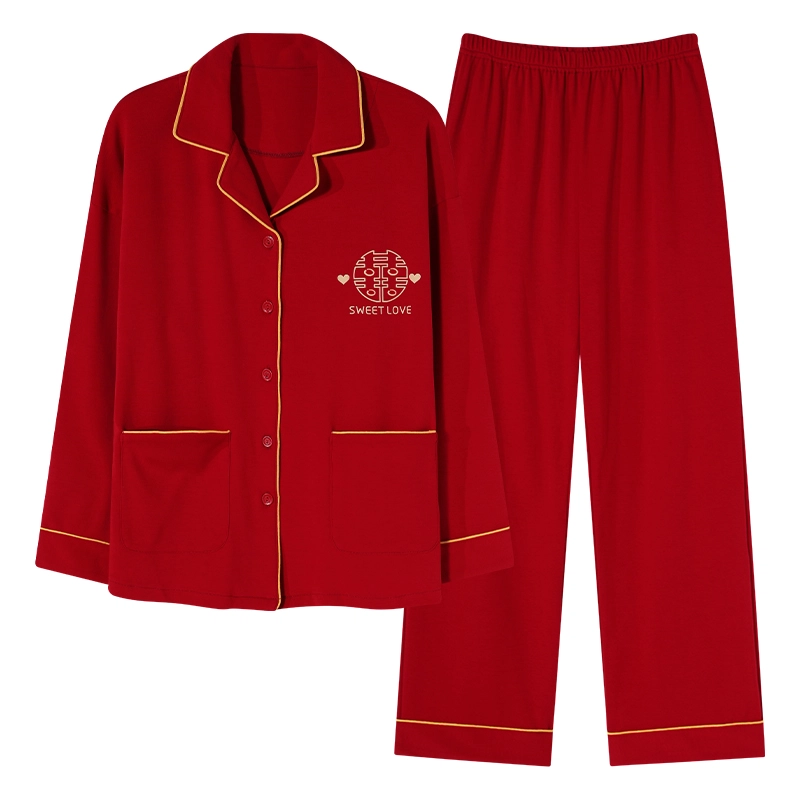 莫代尔 韩版亲肤舒适双口袋上衣休闲简约长袖长裤家居服可外穿睡衣套装 女款 猩红色