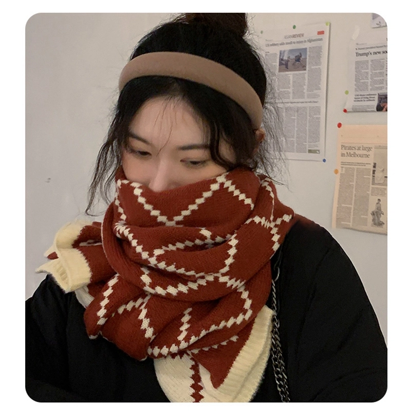 优幽兰 秋冬季新年氛围感设计感菱格百搭针织加厚护脖子防风防寒保暖简约休闲潮流 绒线围巾 男女同款情侣款