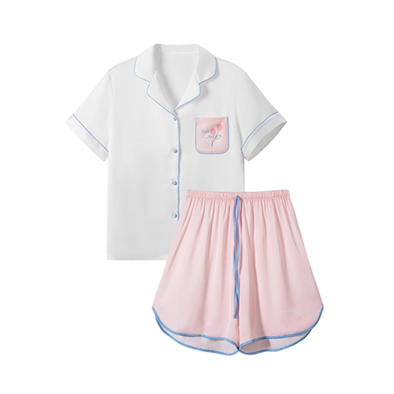 古今 细腻顺滑翻领短袖家居服可外穿长裤睡衣套装 女款 白粉