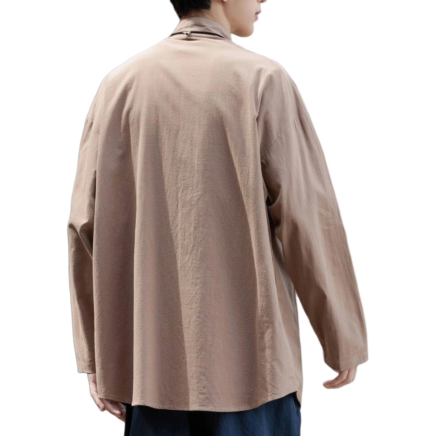 新中式中国风休闲重磅棉麻唐装复古宽松茶服纯色中山装长袖衬衣佛系禅意盘扣五金点缀太极服百搭衬衫 男女同款