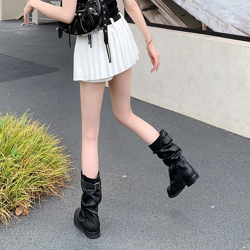 蓉城鞋王 牛皮 复古褶皱皮带扣 圆头内增高 短靴 女款