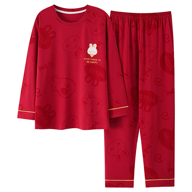 卡绚 可爱卡通兔子长袖喜庆家居服睡衣套装 女款 红色