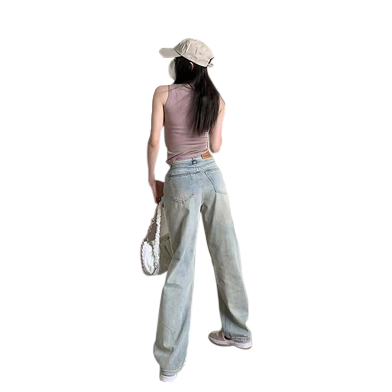 拉夏贝尔 美式复古简约舒适宽松高腰阔腿牛仔裤 女款 浅蓝色