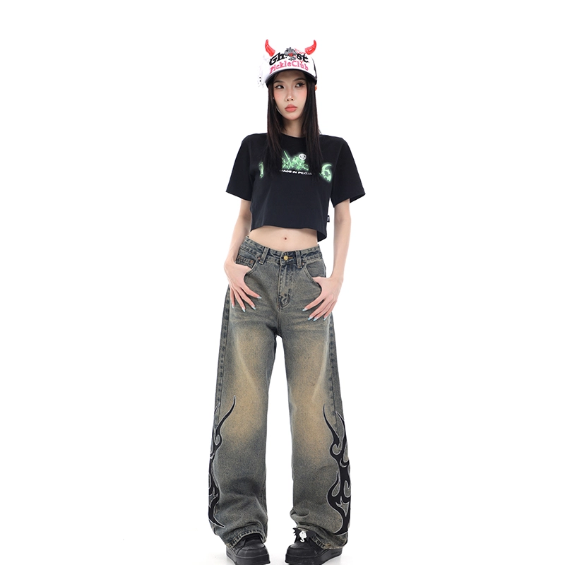 梁拌泡菜 恶魔幽灵火焰字母反光印花宽松直筒阔腿牛仔裤 男女同款 复古蓝