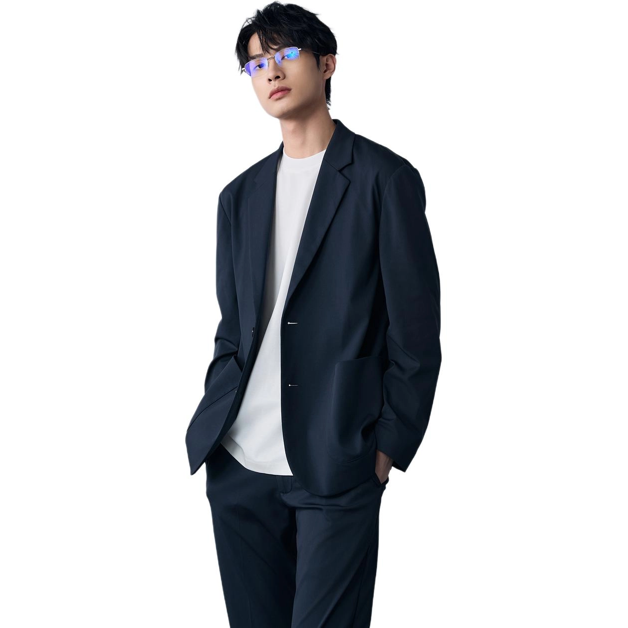 棉先生 纯色时尚休闲通勤西装 男款 深藏青