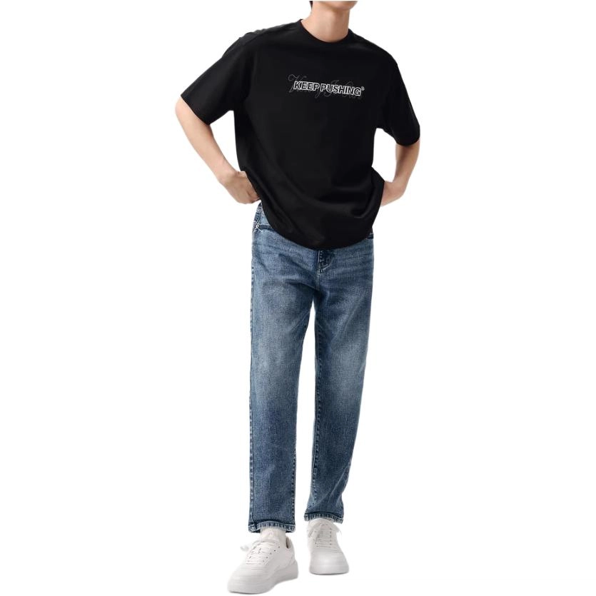 森马 纯色做旧中腰拉链微弹锥形牛仔裤 男款 牛仔蓝灰
