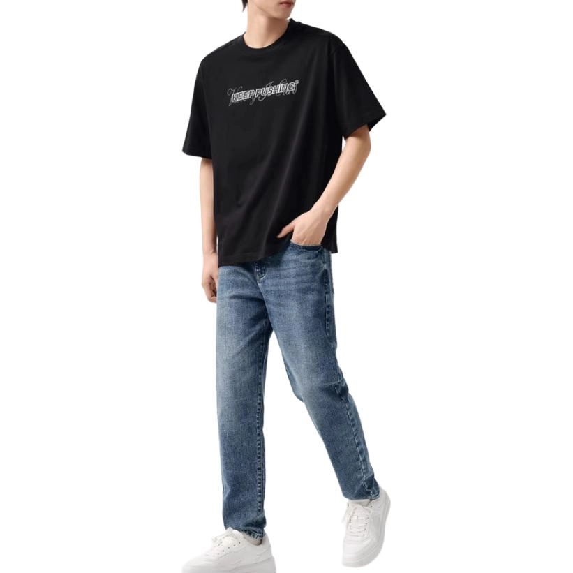 森马 纯色做旧中腰拉链微弹锥形牛仔裤 男款 牛仔蓝灰