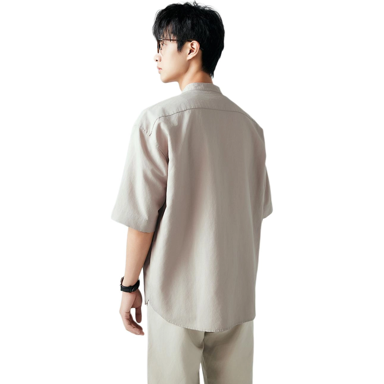 棉先生 宽松休闲立领短袖衬衫 男款
