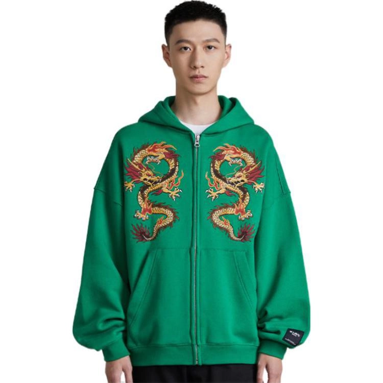 华人青年 龙争虎斗系列 龙虎印花拉链连帽卫衣 男女同款 绿色