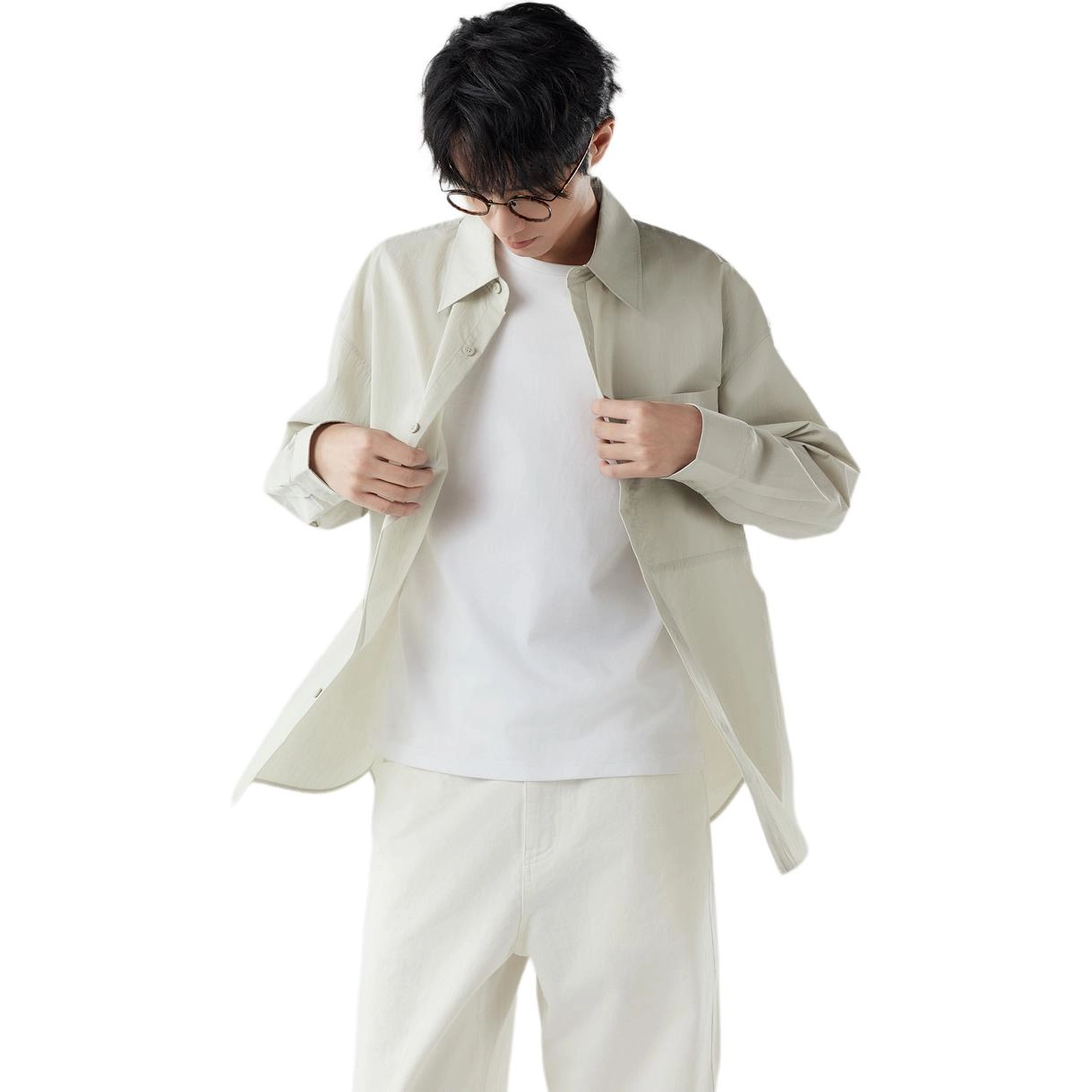 棉先生 纯色肌理感方领长袖衬衫 男款