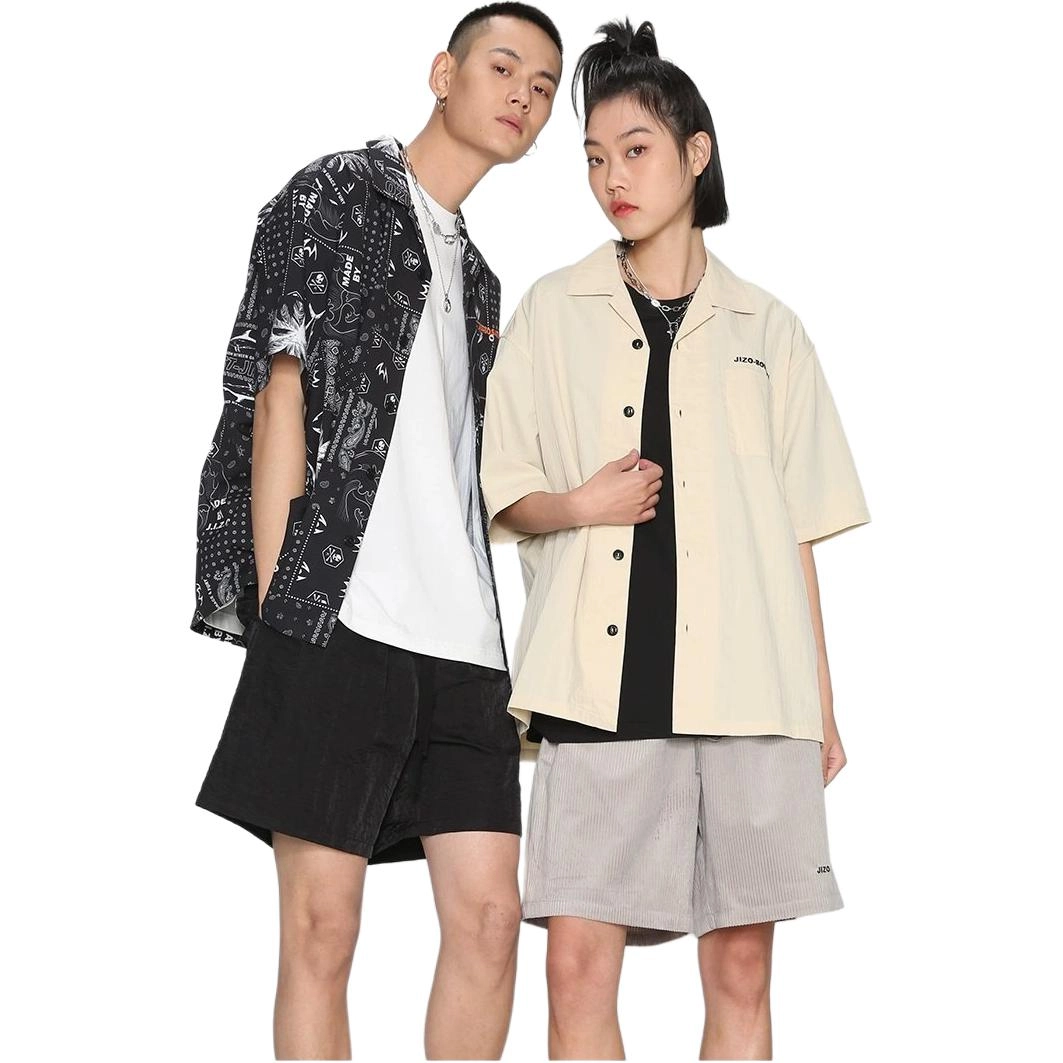 鬼洗 地藏简约古巴纽扣双层领短袖衬衫 男女同款