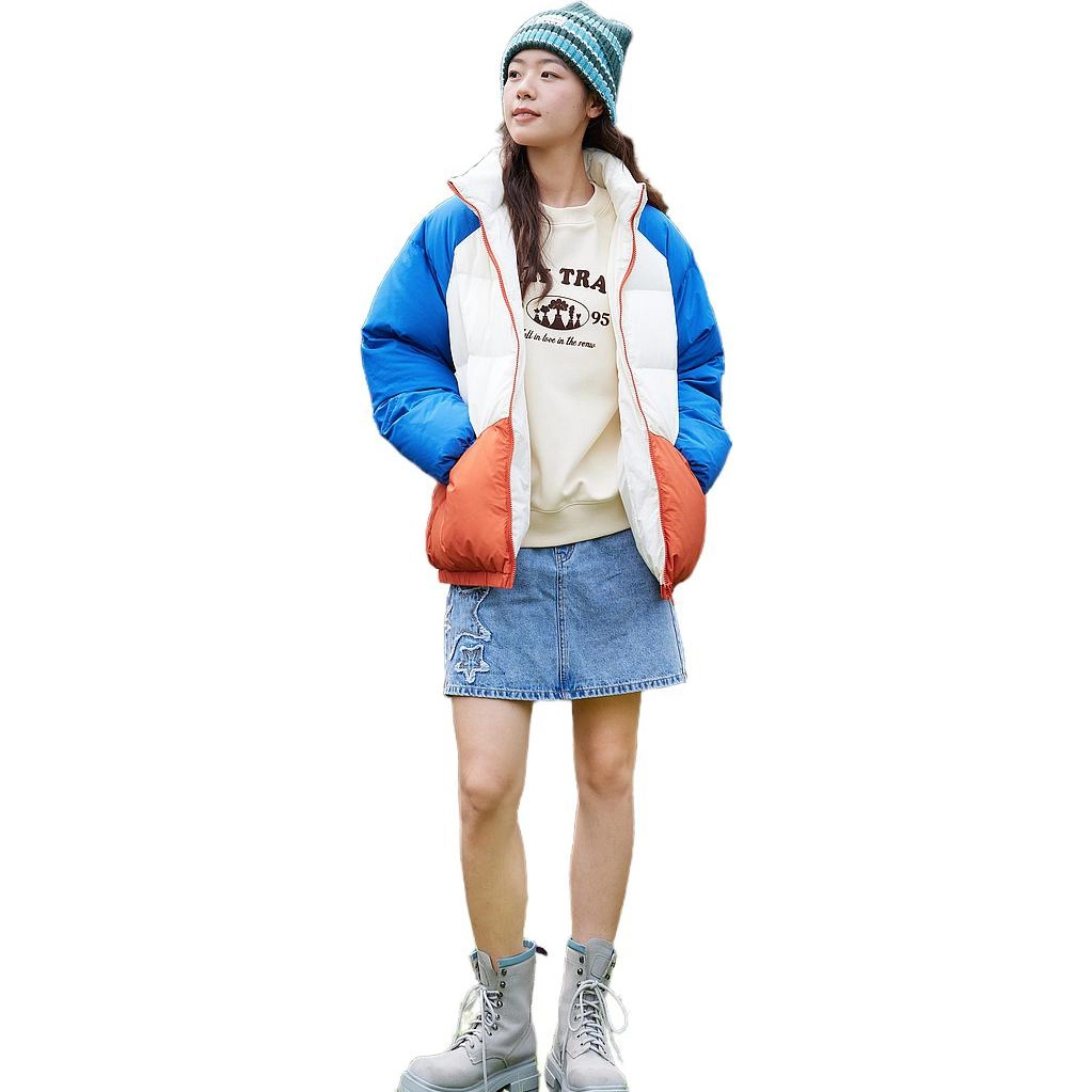 美特斯邦威 撞色拼接无帽立领时尚羽绒服 男女同款