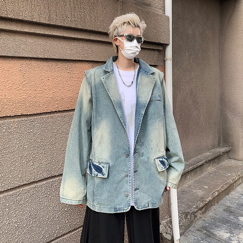木林森 美式复古高街潮牌水洗做旧痞帅垫肩宽松西装领牛仔外套 男女同款