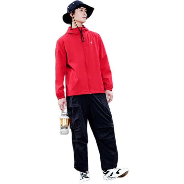 乔丹 纯色防风连帽外套风衣 男款 活力红