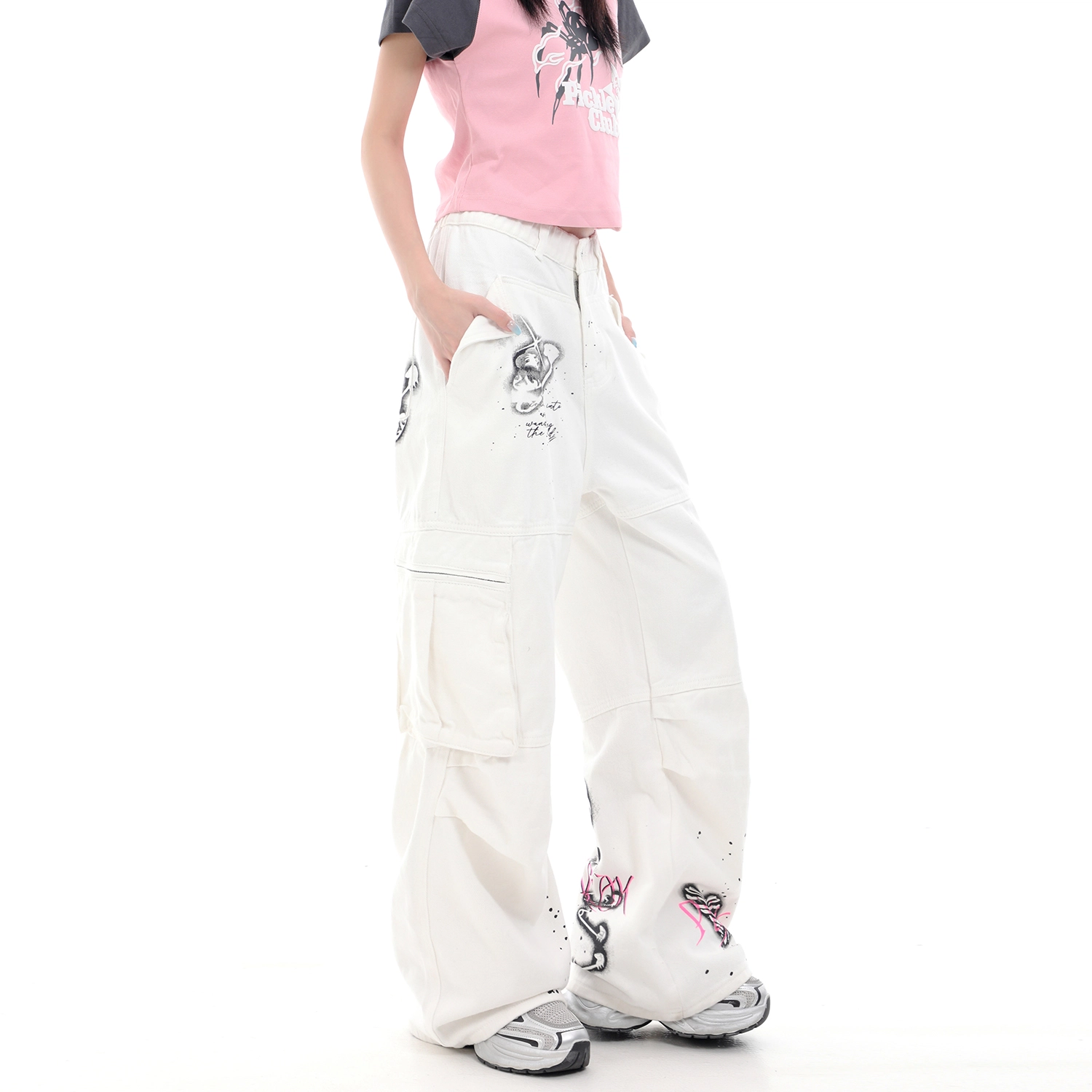 梁拌泡菜 幽灵喷墨设计感印花宽松显瘦阔腿直筒牛仔裤 男女同款