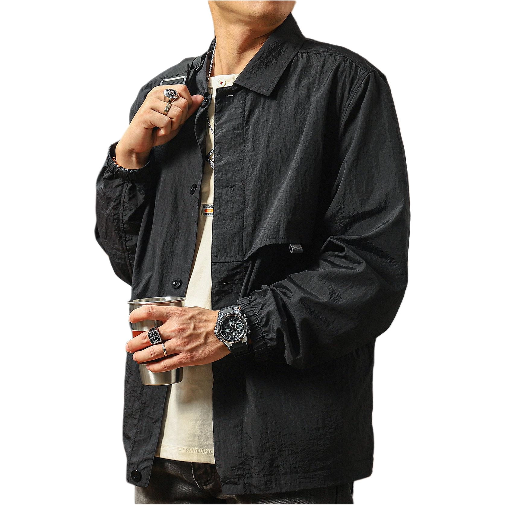 季言 宽松翻领纯色休闲长袖夹克外套 男款 黑色