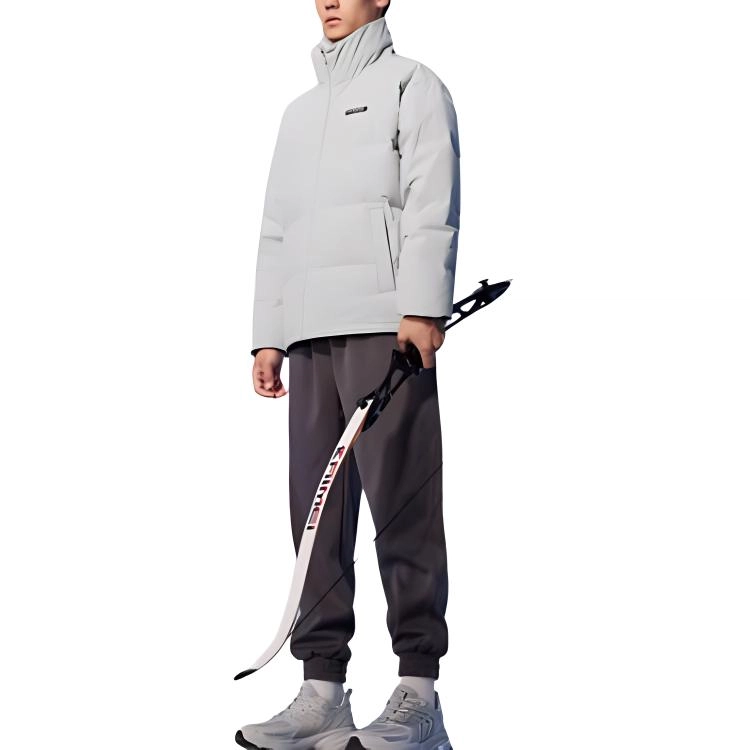 特步 综训系列 纯色立领透气长袖羽绒服 男女同款 奶灰色