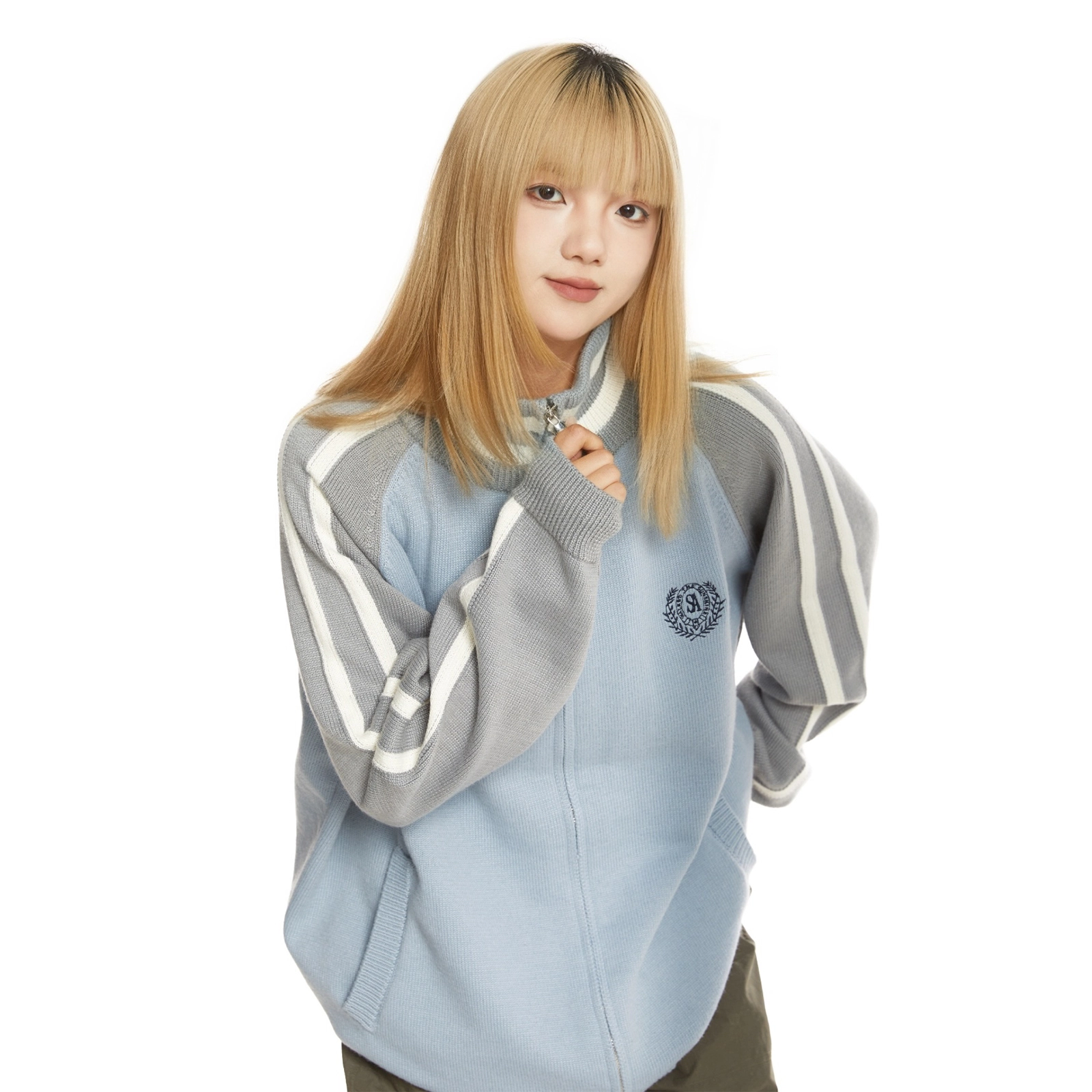 港仔文艺男 拼接撞色插肩刺绣开衫美式复古休闲宽松针织衫 男女同款 浅蓝色