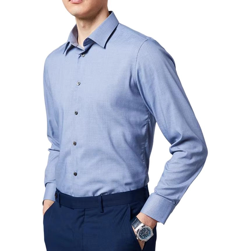 佛朗尼·齐拉 纯色翻领水洗时尚商务长袖衬衫 男款 浅蓝灰