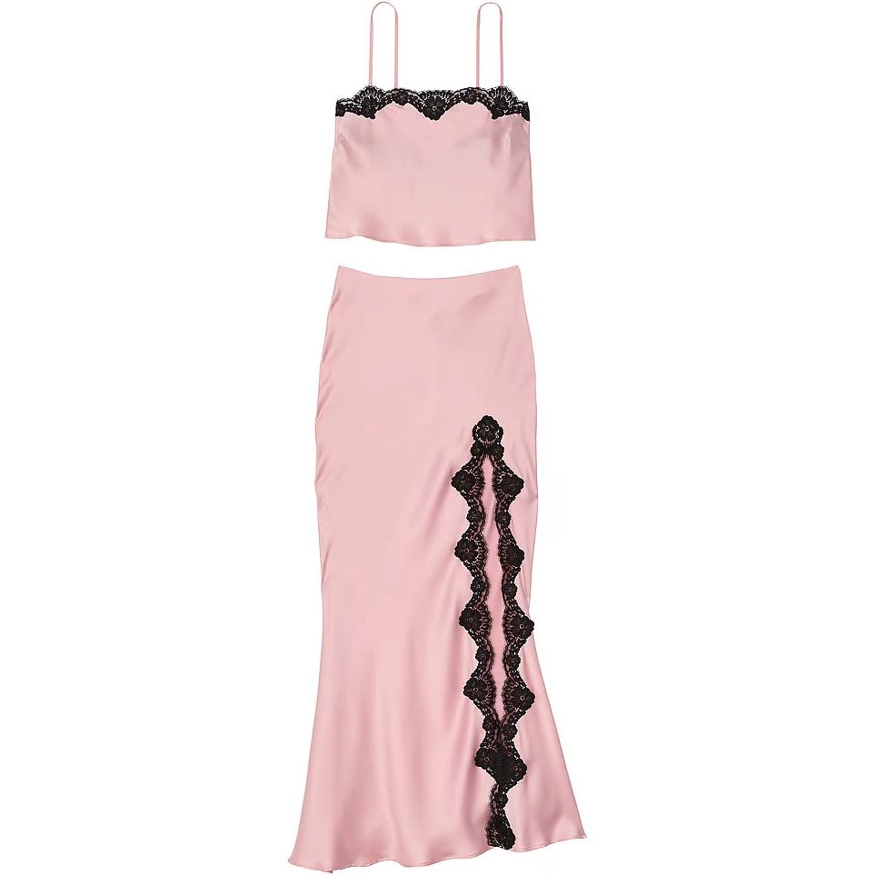 Victoria's Secret Satin Lace-Trim Cropped Top Slip Skirt Set C R