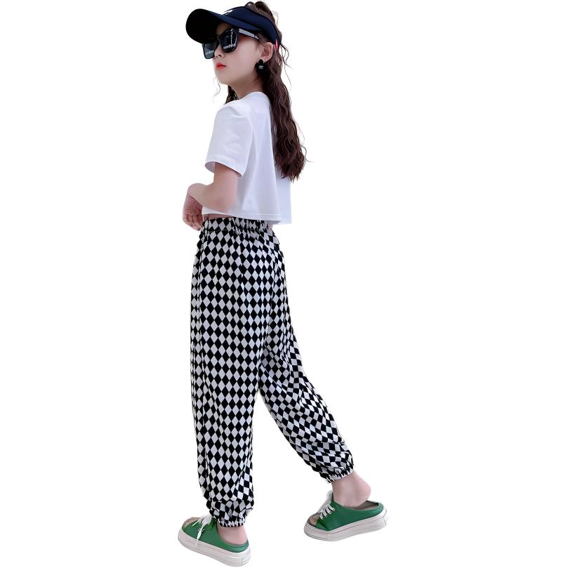 十月妈咪 棋盘格时尚束脚宽松薄款休闲裤 儿童款
