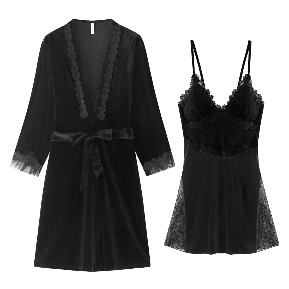 宫蝶 金丝绒睡裙保暖家居服法式性感风睡衣套装 女款 红/粉/蓝/黑色