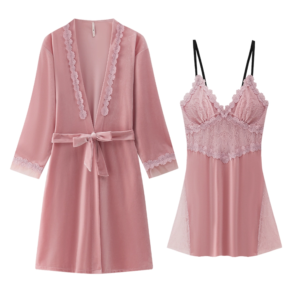宫蝶 金丝绒睡裙保暖家居服法式性感风睡衣套装 女款 红/粉/蓝/黑色