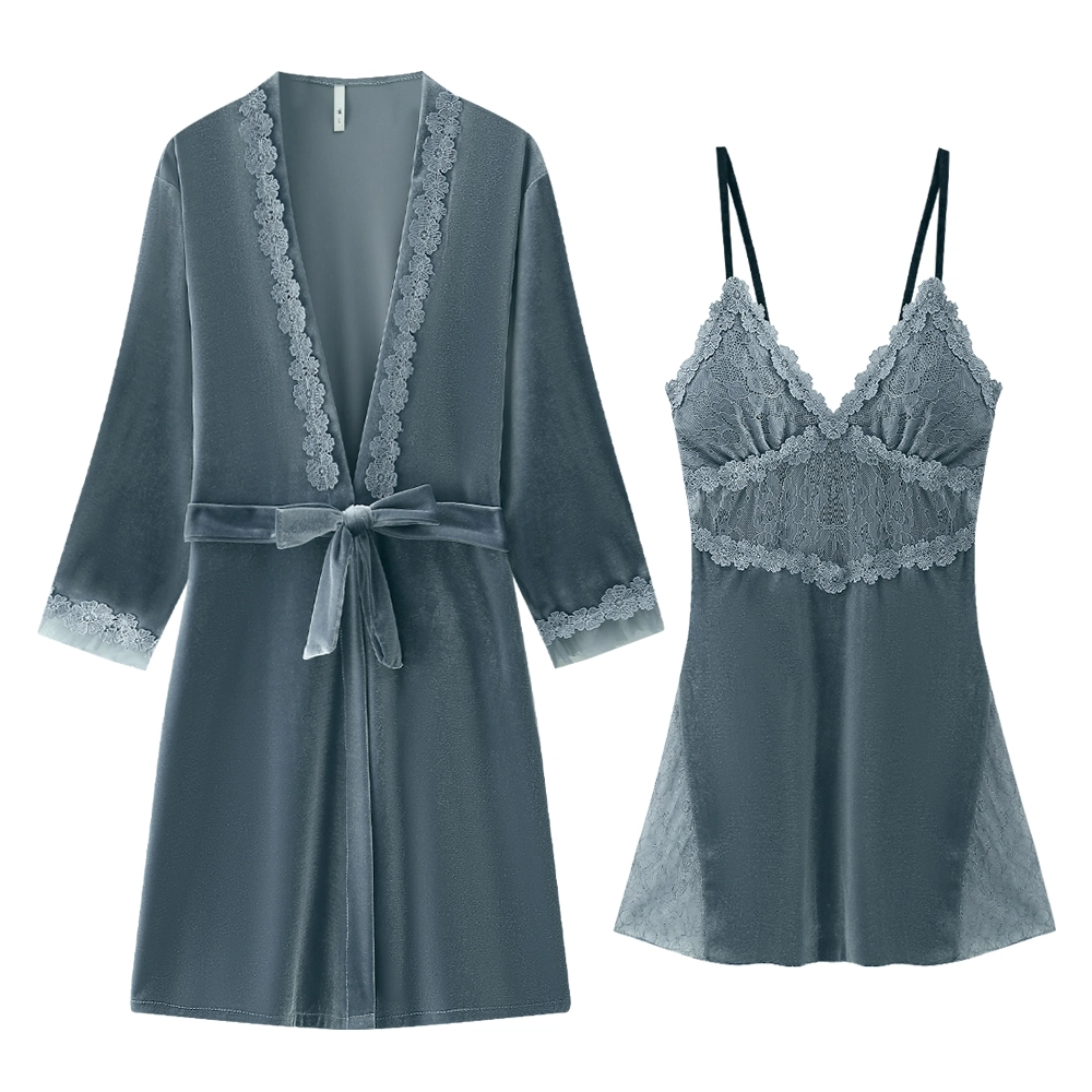 宫蝶 金丝绒睡裙保暖家居服法式性感风睡衣套装 女款 红/粉/蓝/黑色