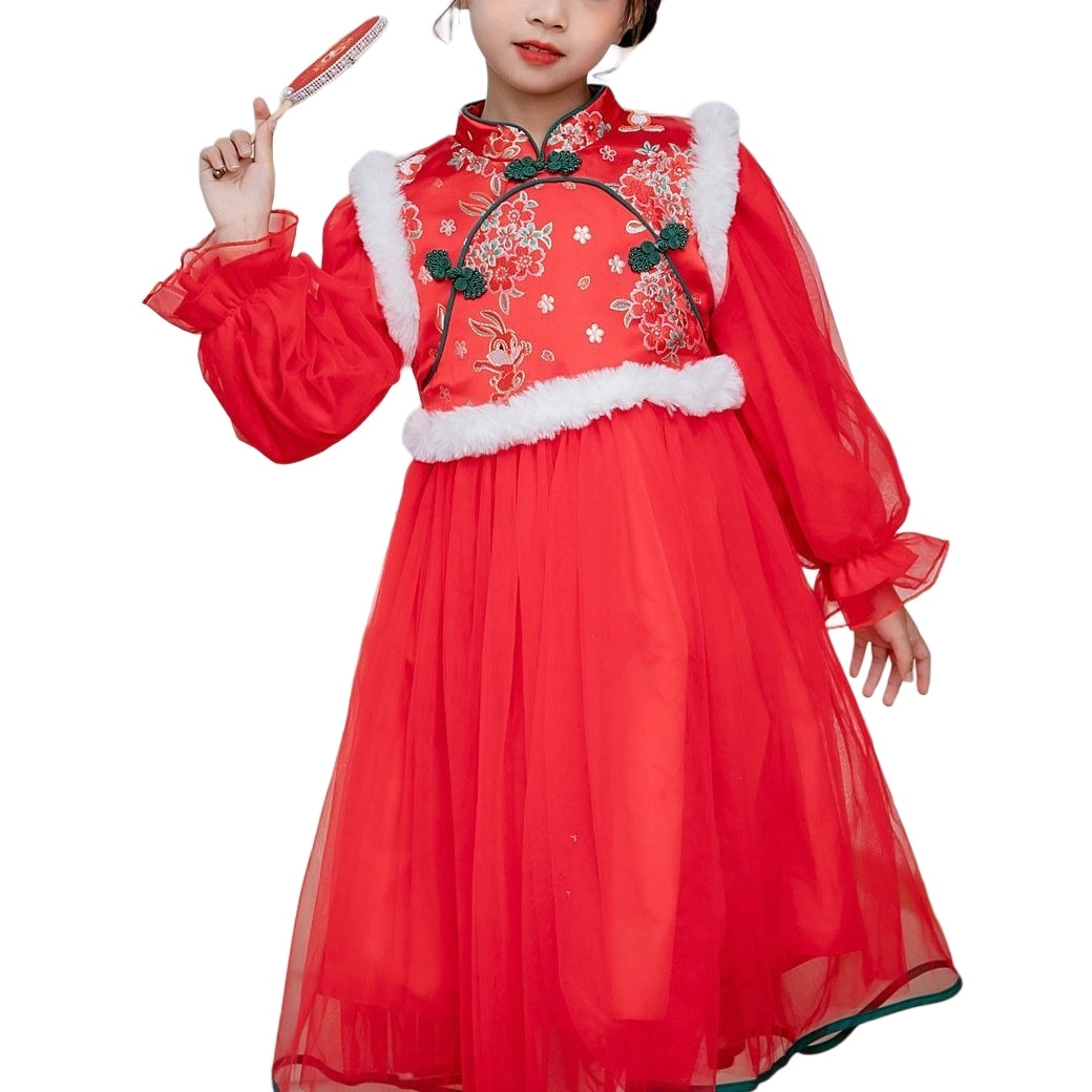 十月妈咪 童装 网纱裙公主裙礼服飘逸表演服外出服保暖长袖碎花加绒加厚儿童连衣裙 冬 儿童款 喜庆红