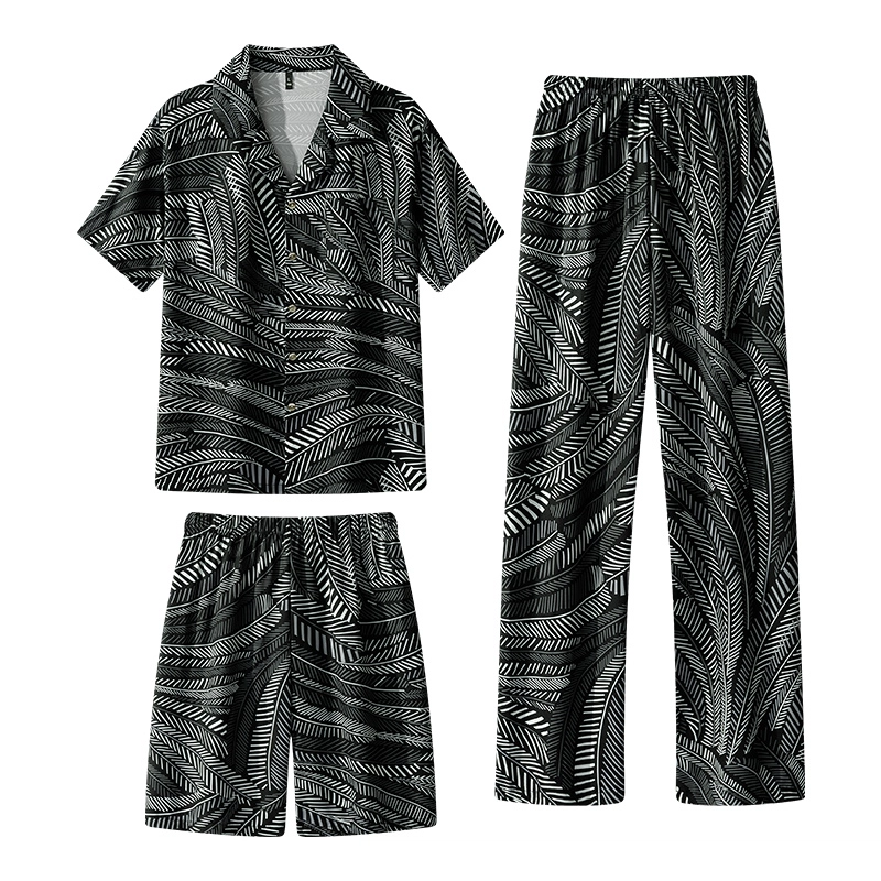 宫蝶 东南亚风情系列 冰丝短袖长裤三件套家居服薄款可外穿复古风开衫宽松休闲大码睡衣套装 男款 黑色