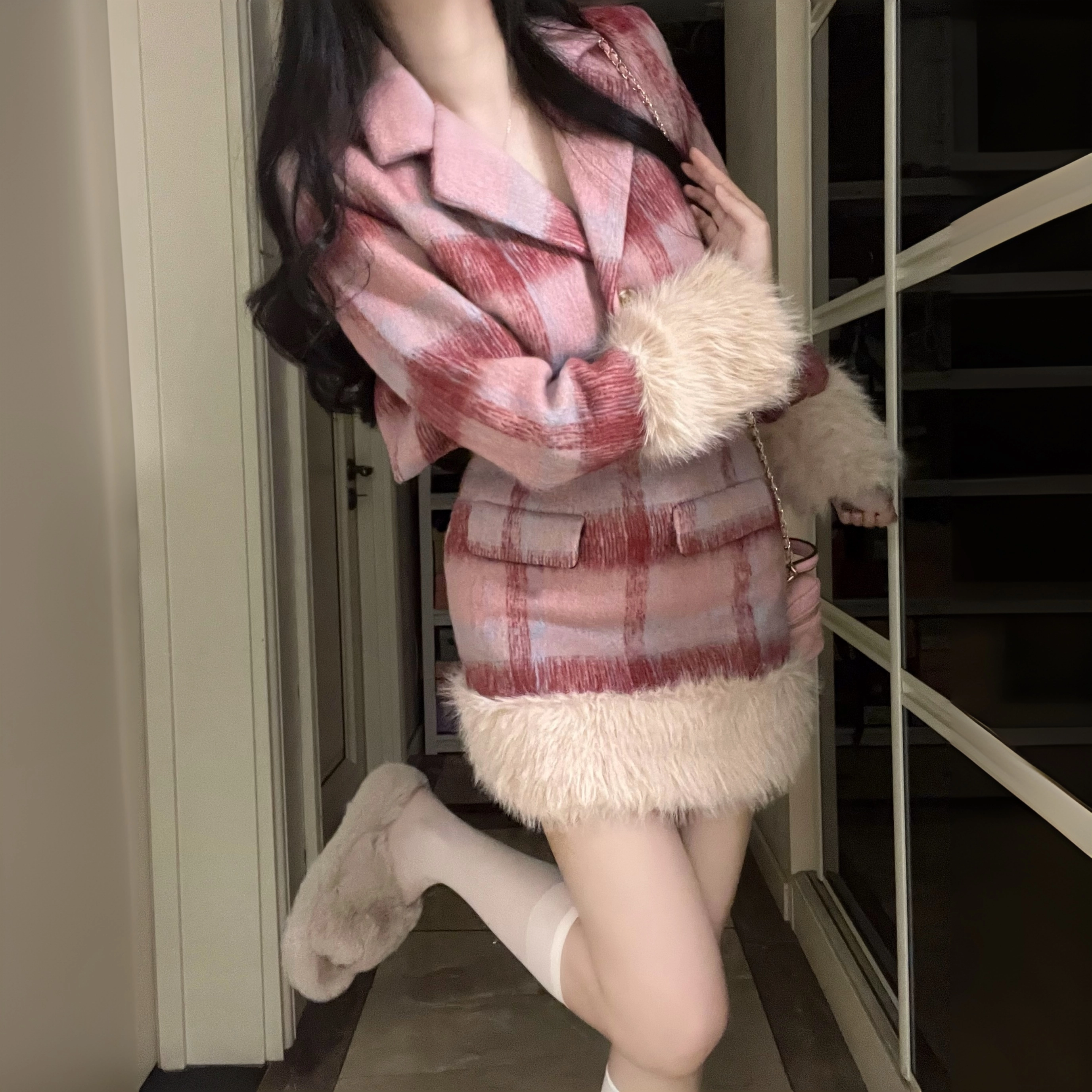 花山家的猫 复古小香风毛呢外套休闲短裙制服 女款 粉红色