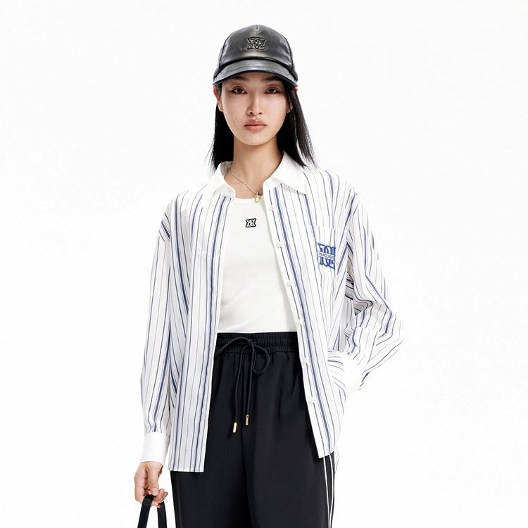 太平鸟 条纹撞色衬衫 女款 蓝色条纹