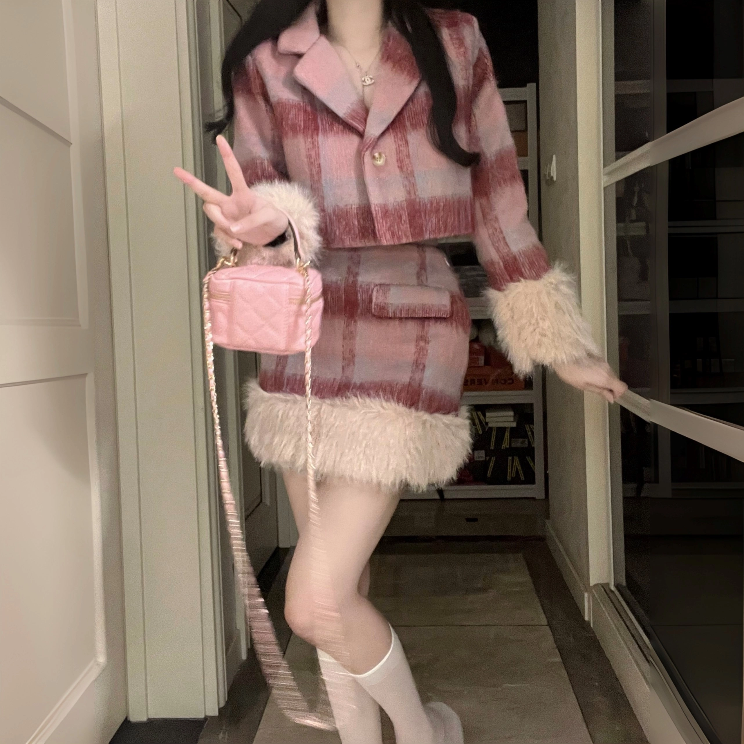 花山家的猫 复古小香风毛呢外套休闲短裙制服 女款 粉红色