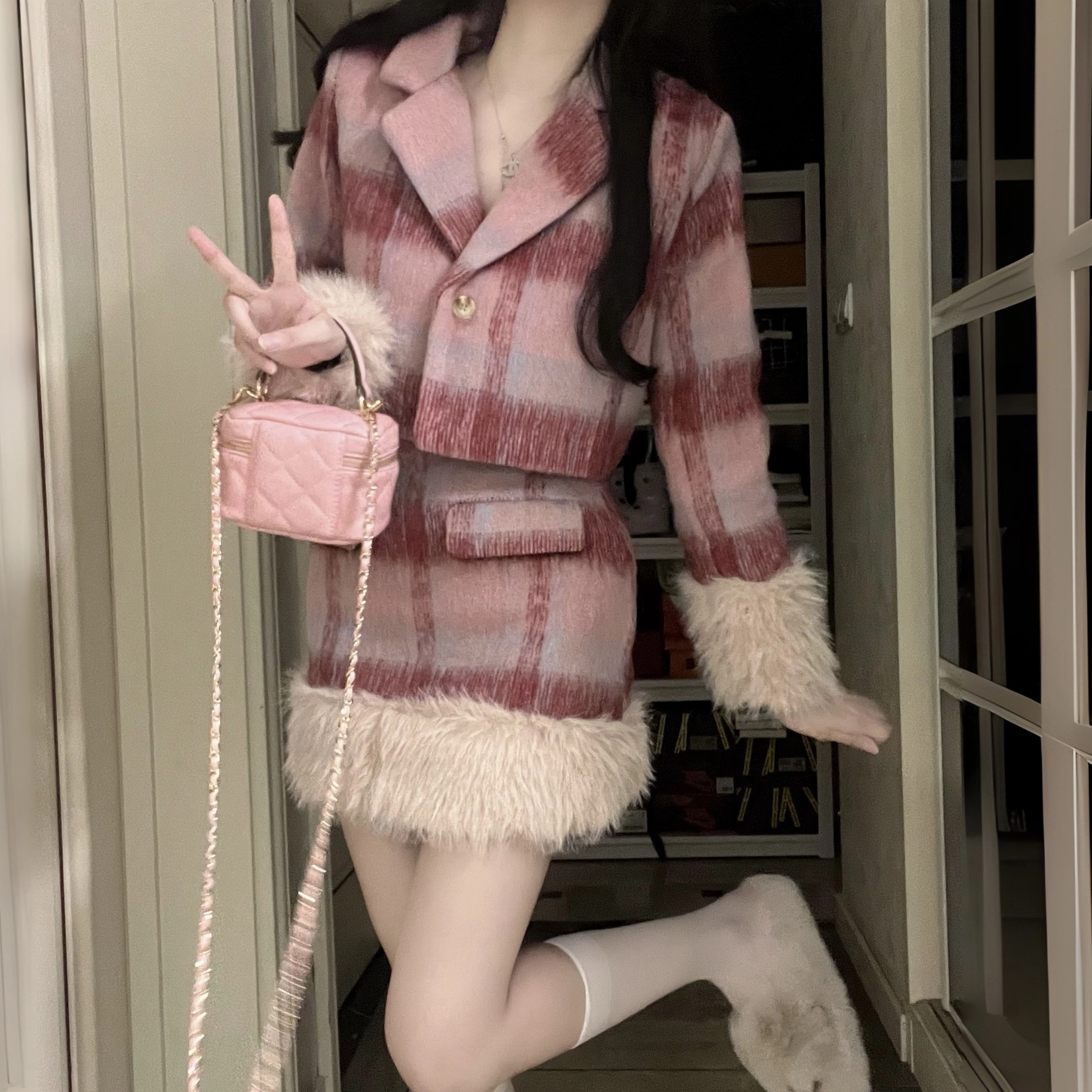 花山家的猫 复古小香风毛呢外套休闲短裙制服 女款 粉红色