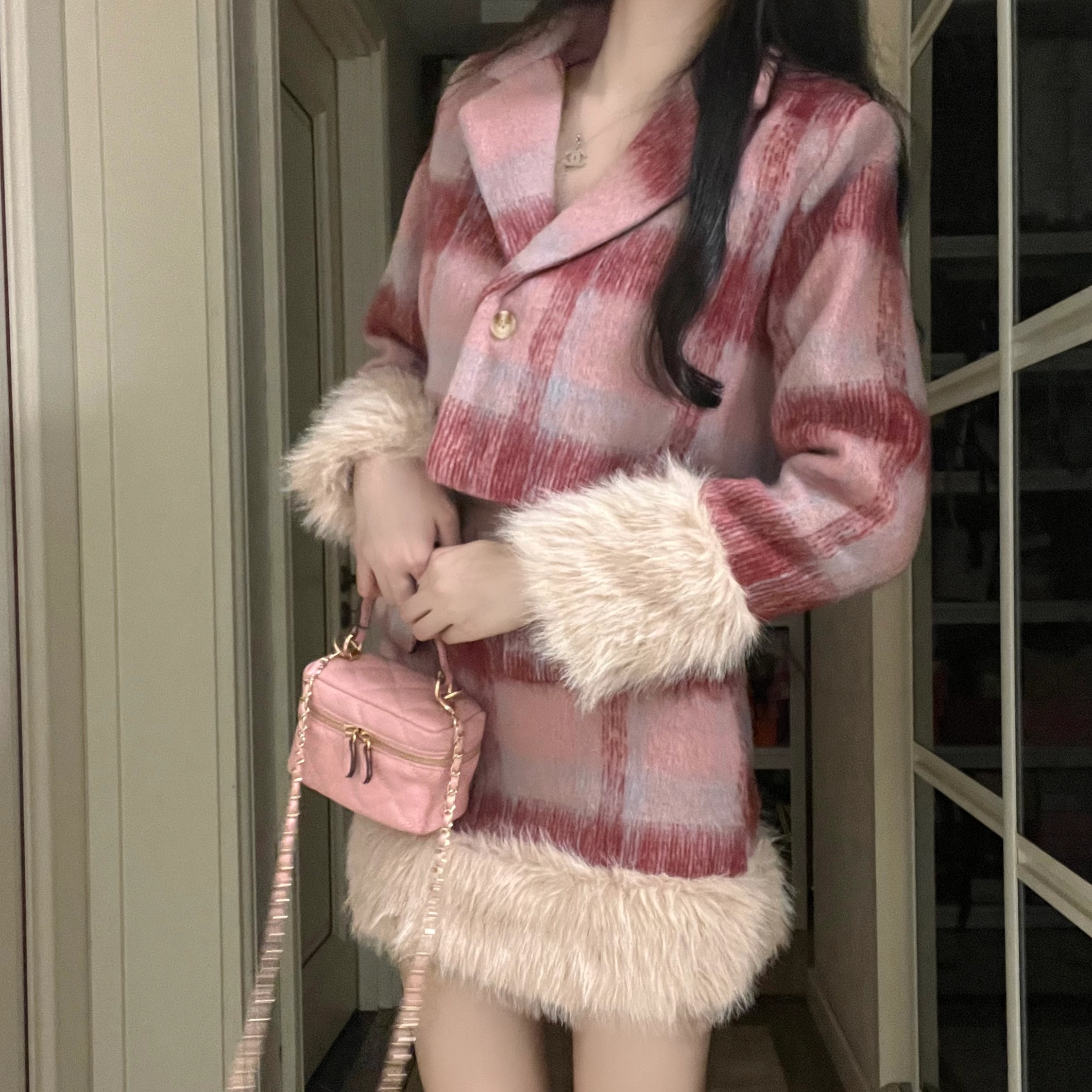 花山家的猫 复古小香风毛呢外套休闲短裙制服 女款 粉红色