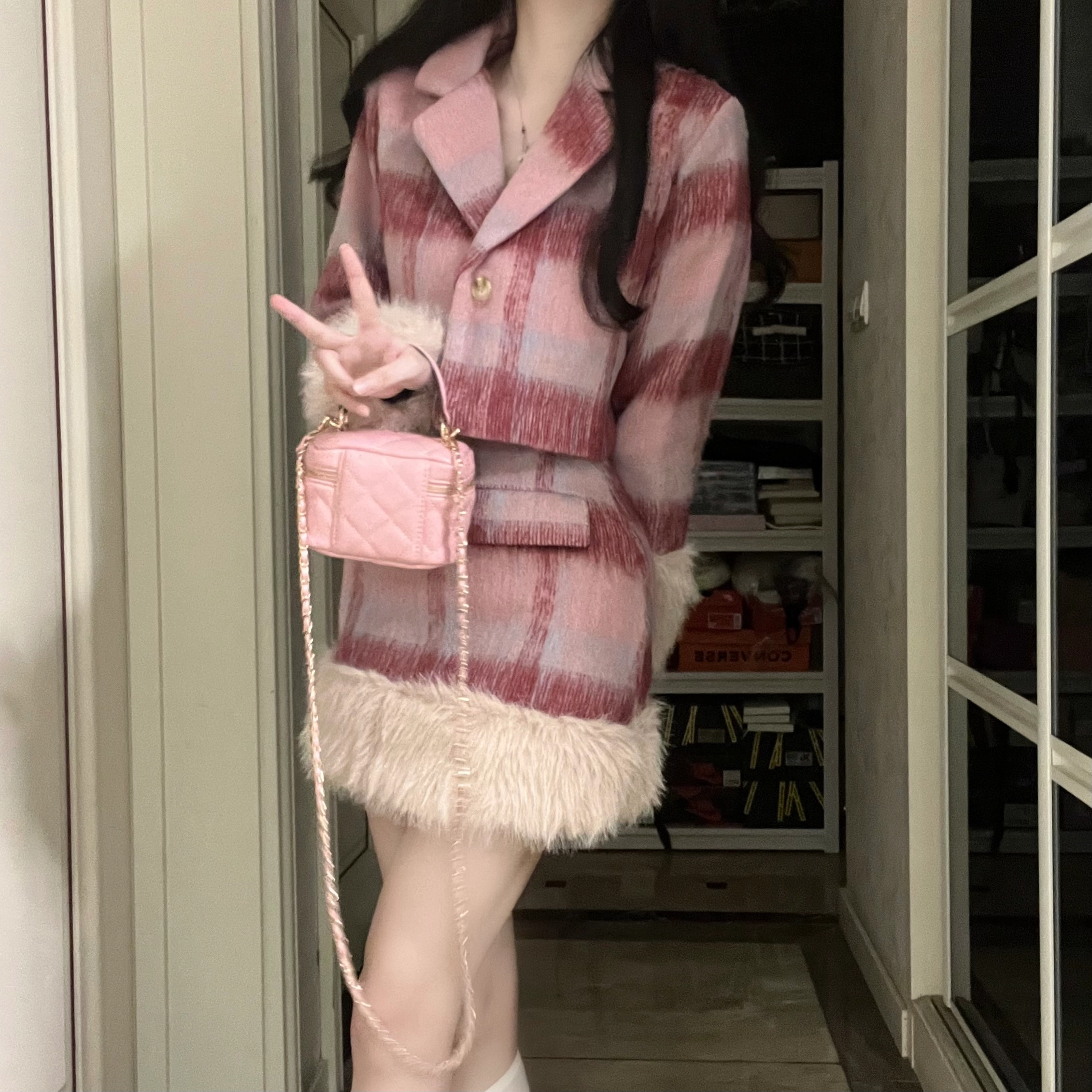 花山家的猫 复古小香风毛呢外套休闲短裙制服 女款 粉红色
