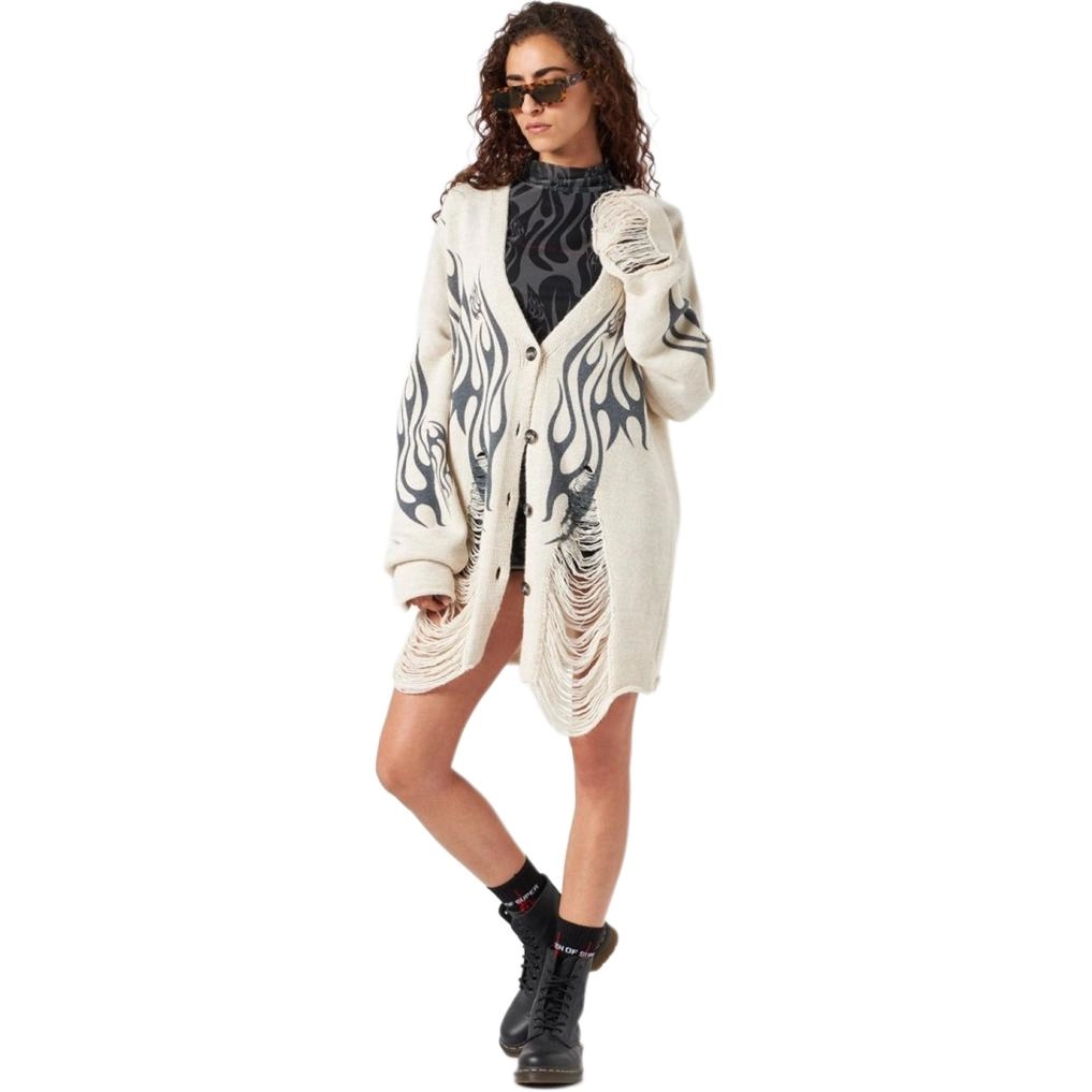 Vision of Super White Cardigan With Black Tribal Flames V