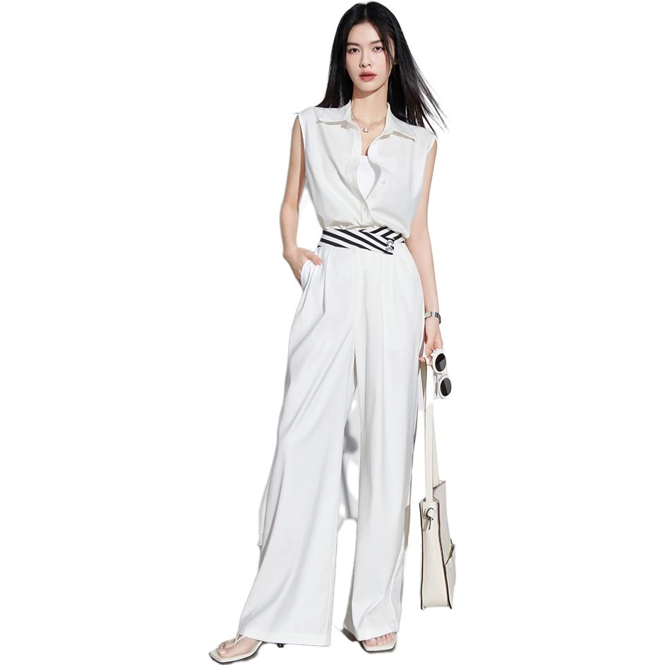 美洋 拼接条纹阔腿西装裤 女款