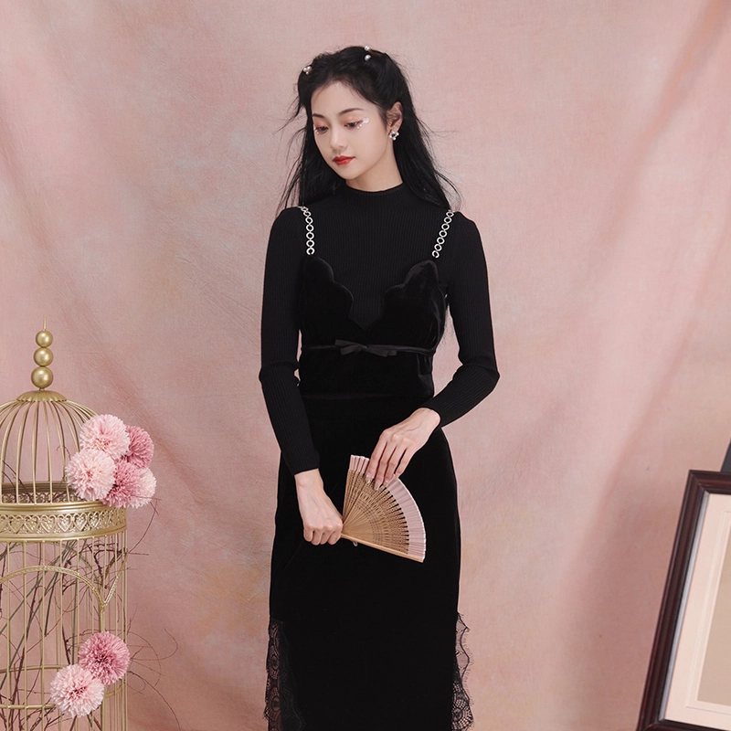 槿爷东方 璇骅鉴丝绒钻环肩带设计纯色长袖修身针织衫 女款 黑色