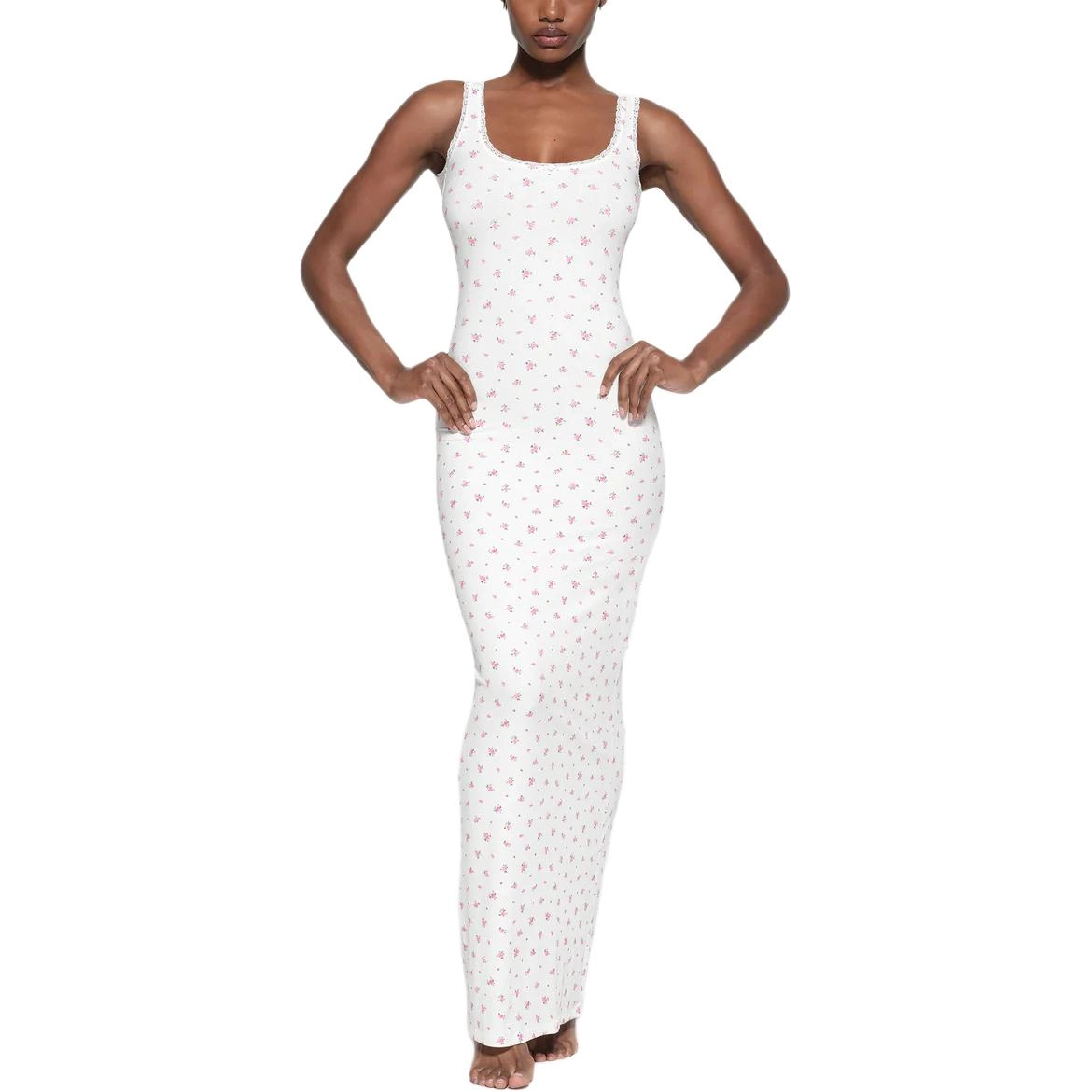 SKIMS SOFT LOUNGE LACE SCOOP NECK DRESS NEON ORCHID ROSE PRINT