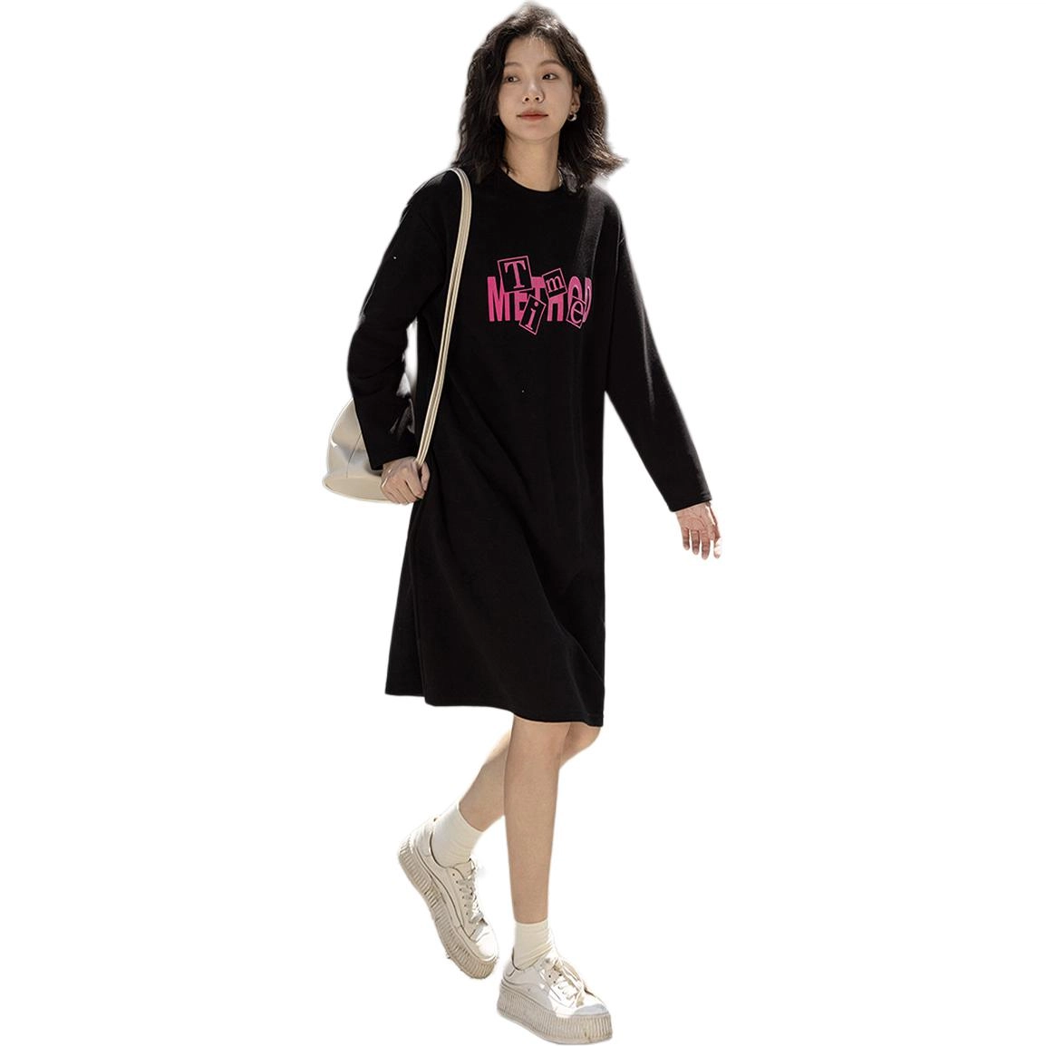 【dme】 简约撞色宽松圆领长袖连衣裙 女款 黑色