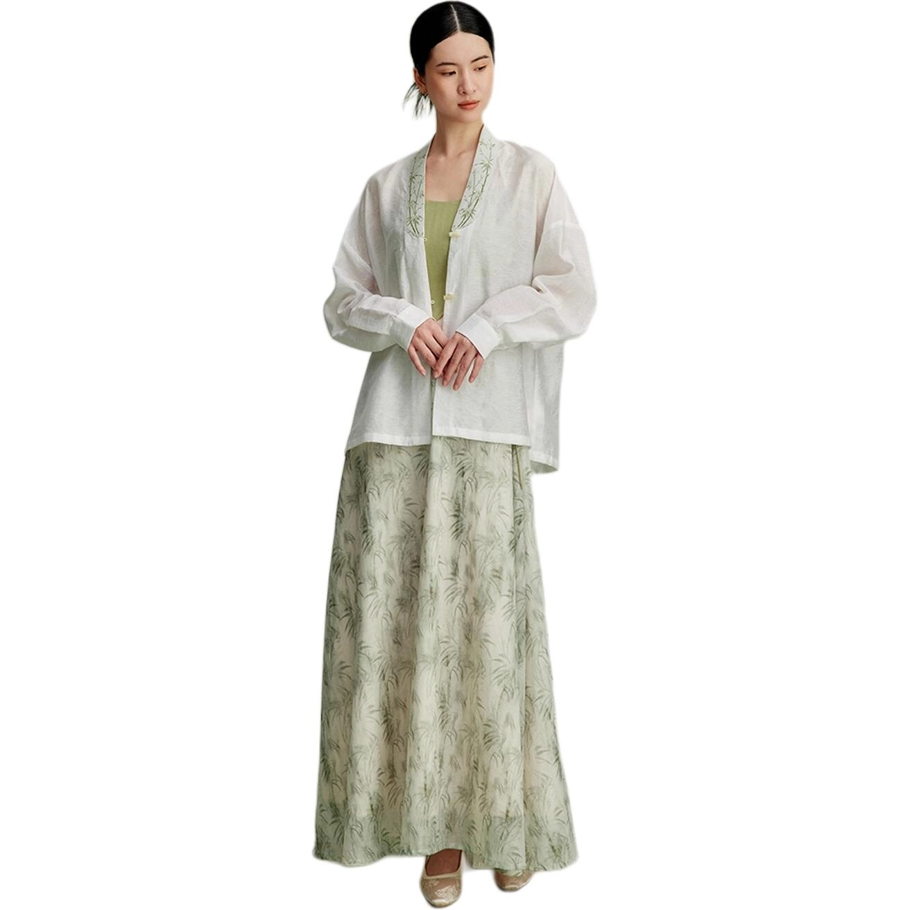 织造司 新中式竹叶印花拼接撞色高腰吊带连衣裙 女款 绿色