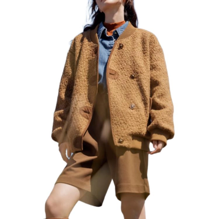 茵曼 纯色单排扣长袖百搭棒球服 女款 春泥棕