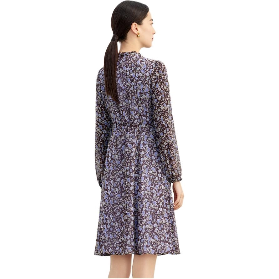玖姿安娜蔻 优雅木耳边荷叶边碎花长袖连衣裙 女款 花咖啡