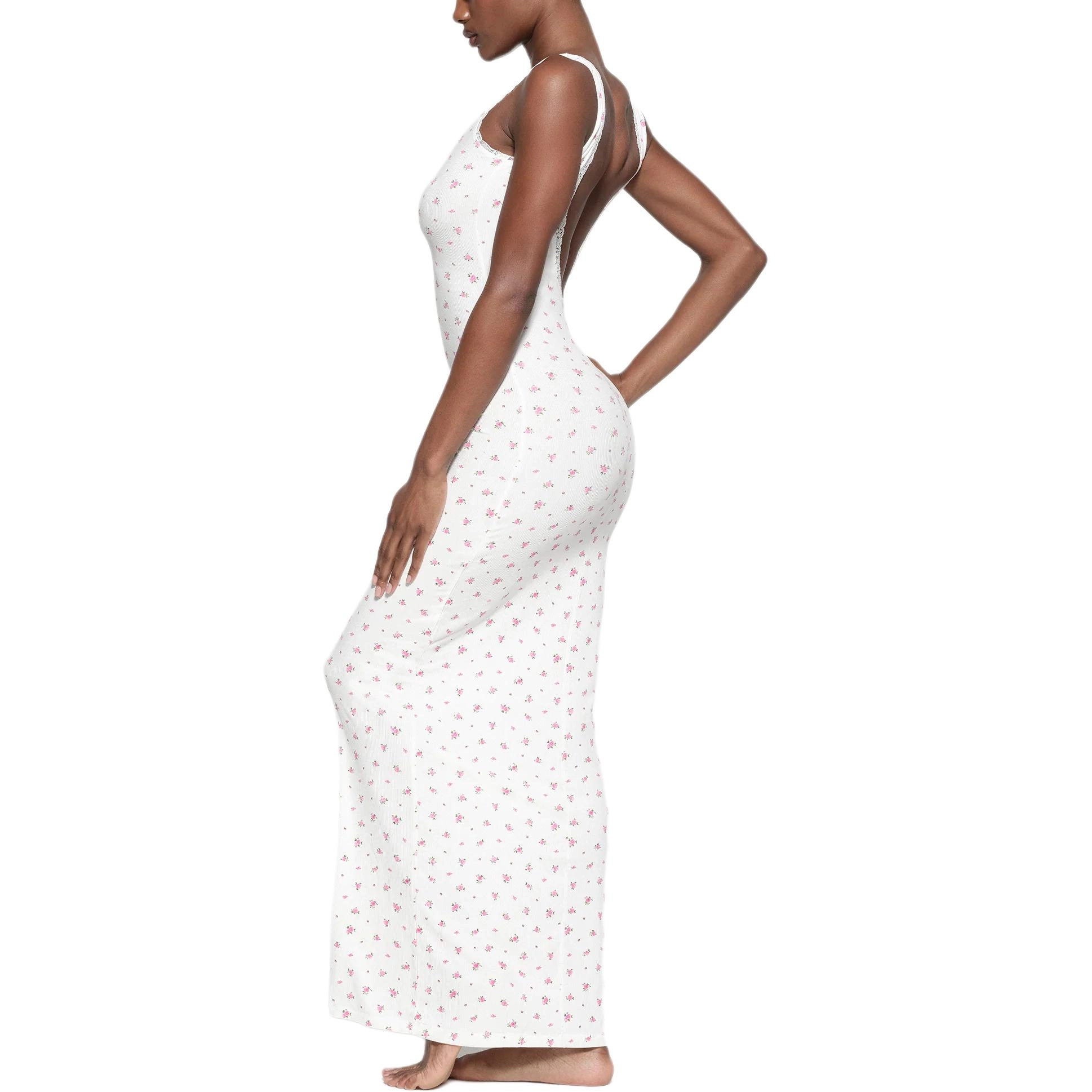 SKIMS SOFT LOUNGE LACE SCOOP NECK DRESS NEON ORCHID ROSE PRINT