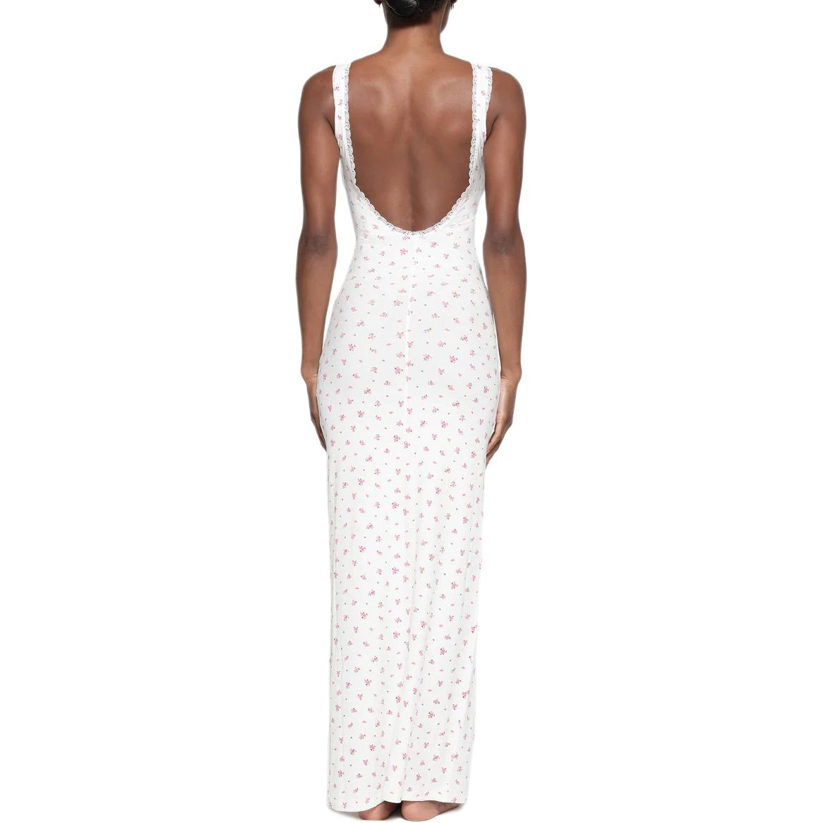 SKIMS SOFT LOUNGE LACE SCOOP NECK DRESS NEON ORCHID ROSE PRINT