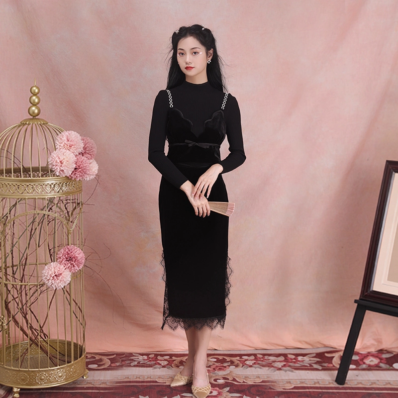 槿爷东方 璇骅鉴丝绒钻环肩带设计纯色长袖修身针织衫 女款 黑色